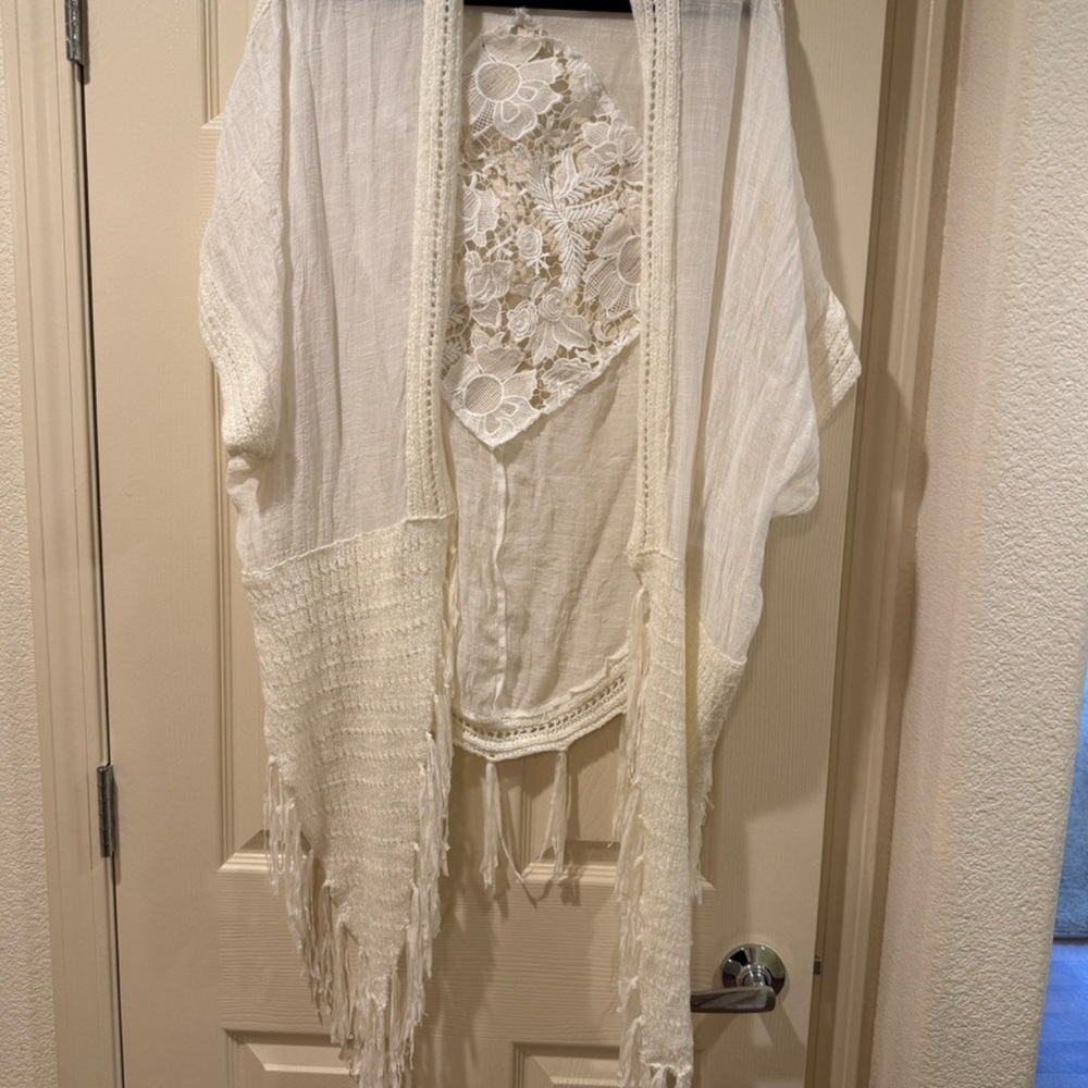 Berenice Ivory Lace Fringe Kimono Cardigan Women’s OS | Boho Festival Layer